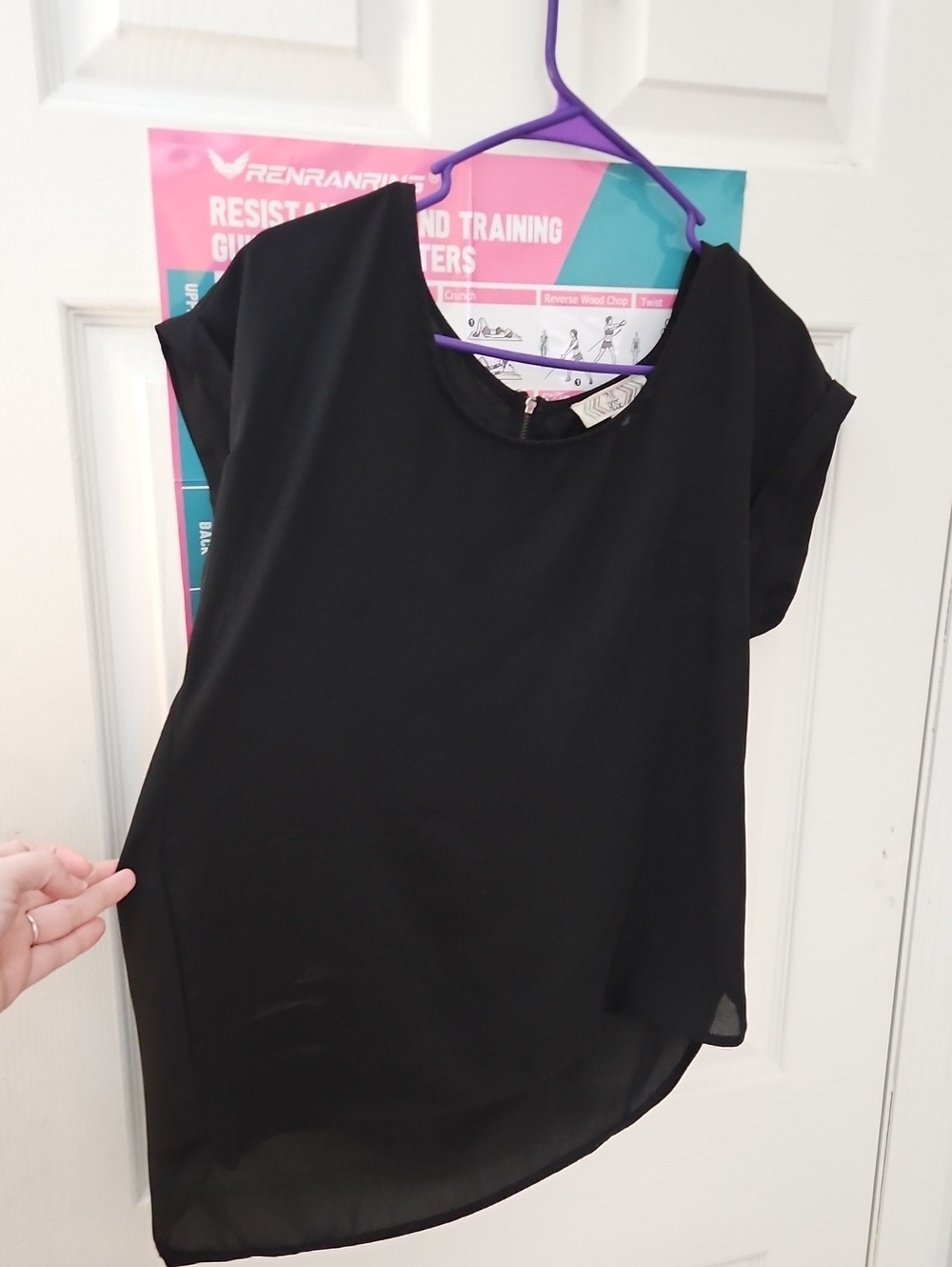 Pink Rose Black Short Sleeve Round Neck Blouse
